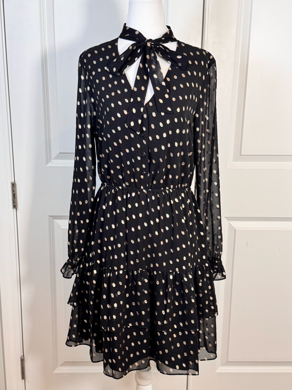 Nanette Lepore Metallic Dot Chiffon Mini Dress 4 Black Gold Tie Neck NWT Party
